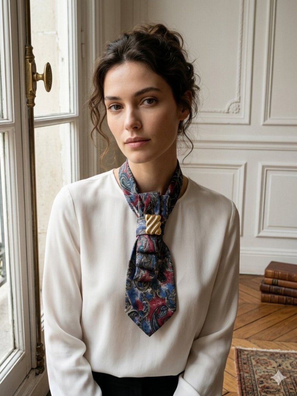 Stefano Rossini Silk Multicolor Paisley Statement Tie Necklace with Gold Accent